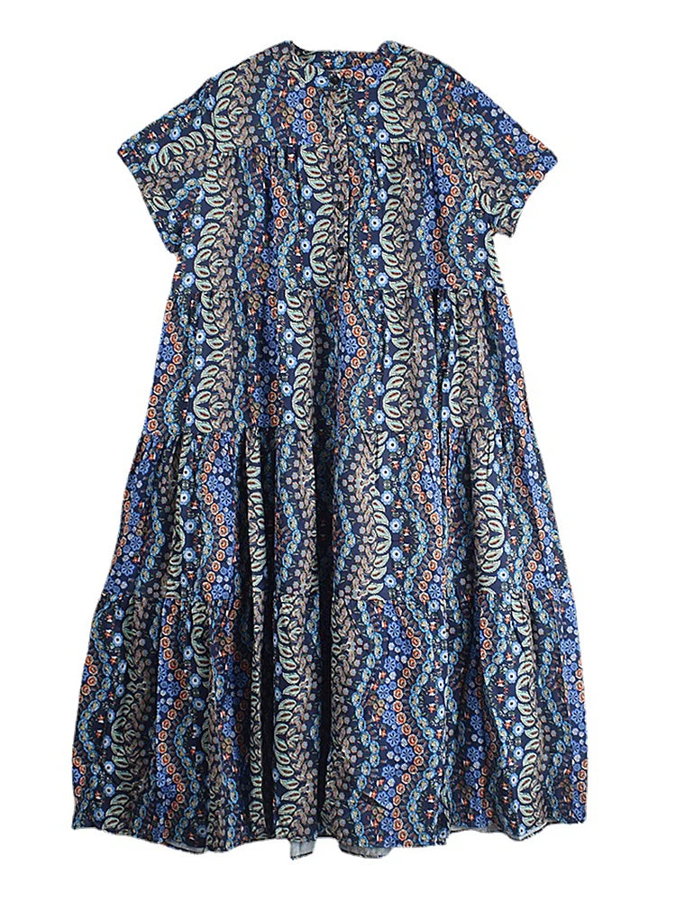 XITAO Chiffon Print Dress Fashion Vintage Stand Collar Loose Women Simplicity Contrast Color Dress 2024 Summer New WMD6466