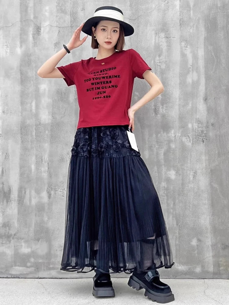 XITAO Flower Patchwork Lace Elastic Waist Skirt Casual A-line Fashion All Match Personality New Summer Female Skirt ZMY1142