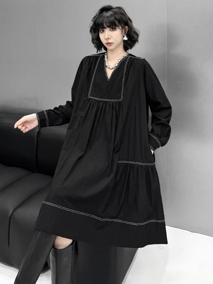 XITAO Loose V-neck Folds Female Dress Elegant Temperament A-line Women  Fashion Slimming Long Sleeve Pullover GMM1322