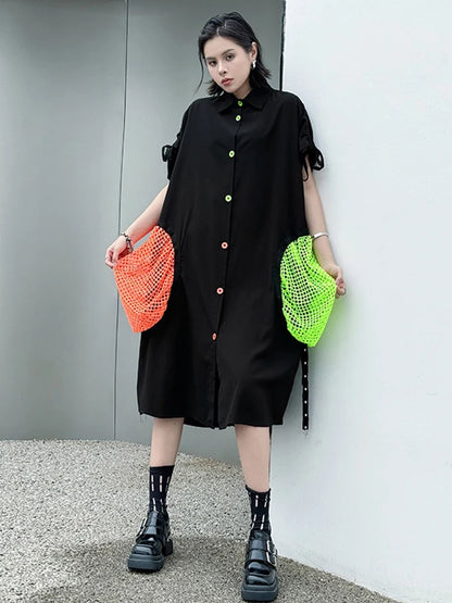 XITAO Contrast Color Pocket Rivet Patchwork Women Dress Shirring Short Sleeve Turn-down Collar Temperament Shirt Dress ZY8942