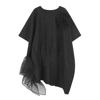 XITAO Irregular Flower O-neck Female Dress Fashion Asymmetric Folds Patchwork Women Simple Temperament A-line Dress ZMY1189