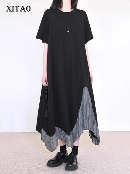 XITAO Irregular Patchwork Hem Dress Solid Color O-neck Slimming Women Summer Casual Temperament Short Sleeve Dress ZMY1399