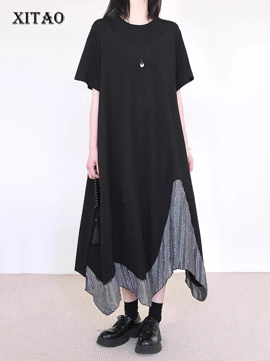 XITAO Irregular Patchwork Hem Dress Solid Color O-neck Slimming Women Summer Casual Temperament Short Sleeve Dress ZMY1399