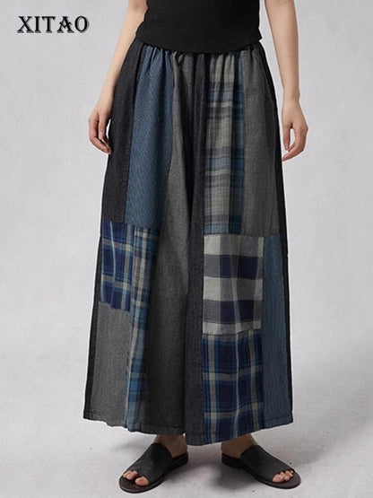 XITAO Patchwork Plaid Loose Pants Contrast Color Elastic Waist New Arrival Summer All-match Woman Wide Leg Pants ZMY1238