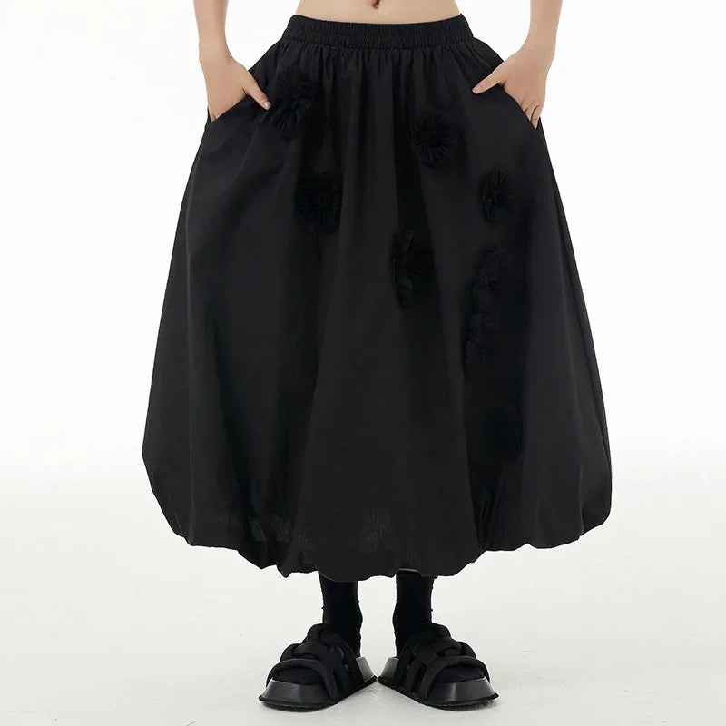 XITAO Solid Color Loose A-line Skirt Vintage Personality Elastic Waist Elegant Small Fresh Women Casual Spring SMH1450