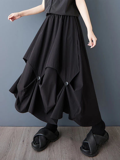 XITAO Patchwork Bud Button Elastic Waist Skirt Casual Loose Fitting A-line Personality Solid Color Summer Women Skirt  ZMY1070