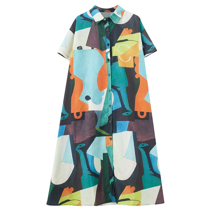 XITAO Print Shirt Dress Personality Fashion Irregular Contrast Color Single Breasted Dress Loose Casual Summer New Women HQQ2327