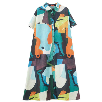 XITAO Print Shirt Dress Personality Fashion Irregular Contrast Color Single Breasted Dress Loose Casual Summer New Women HQQ2327