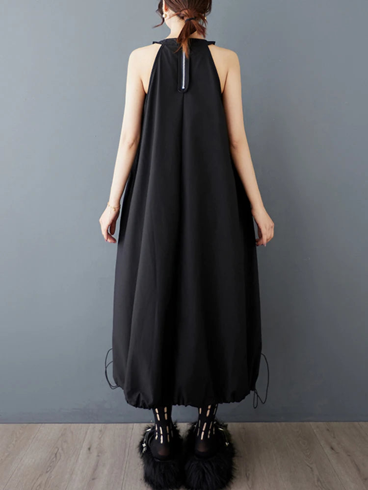 XITAO Pleated Drawstring O-neck Dress Sleeveless A-line Simple Solid Color Personality Pullover Summer Women Dress ZMY1161