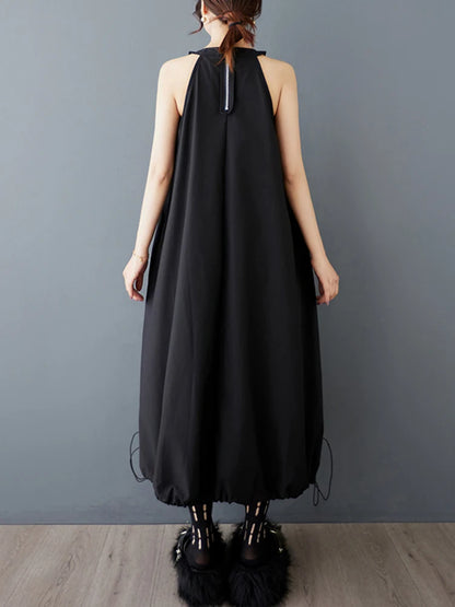 XITAO Pleated Drawstring O-neck Dress Sleeveless A-line Simple Solid Color Personality Pullover Summer Women Dress ZMY1161