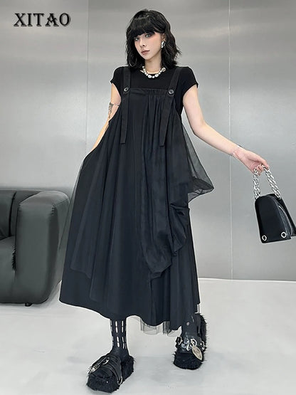 XITAO Gauze Patchwork Asymmetrical Dress Square Collar Solid Color Loose Slimming Sleeve Spaghetti Strap Casual Dress ZMY1306