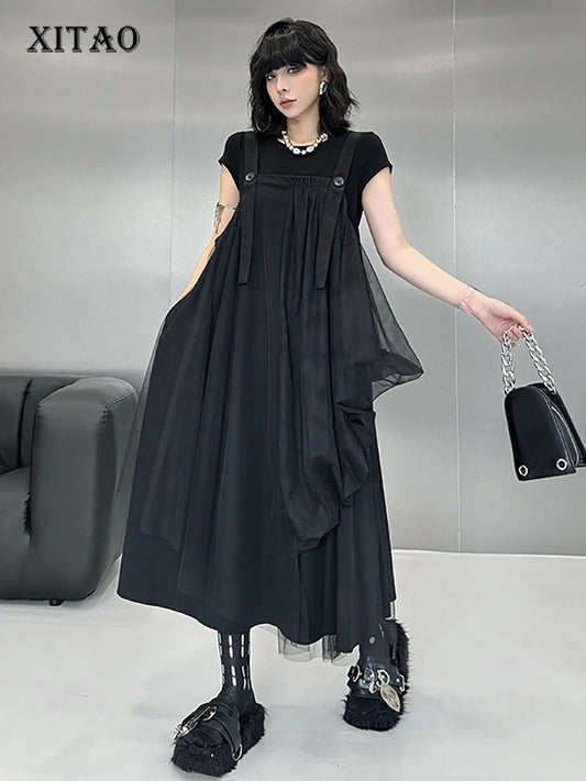 XITAO Gauze Patchwork Asymmetrical Dress Square Collar Solid Color Loose Slimming Sleeve Spaghetti Strap Casual Dress ZMY1306