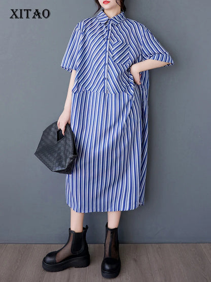 XITAO Patchwork Print Stripe Pullover Dress Turn-down Collar A-line Casual Half Sleeve Leisure New Summer Female Dress GYX1572
