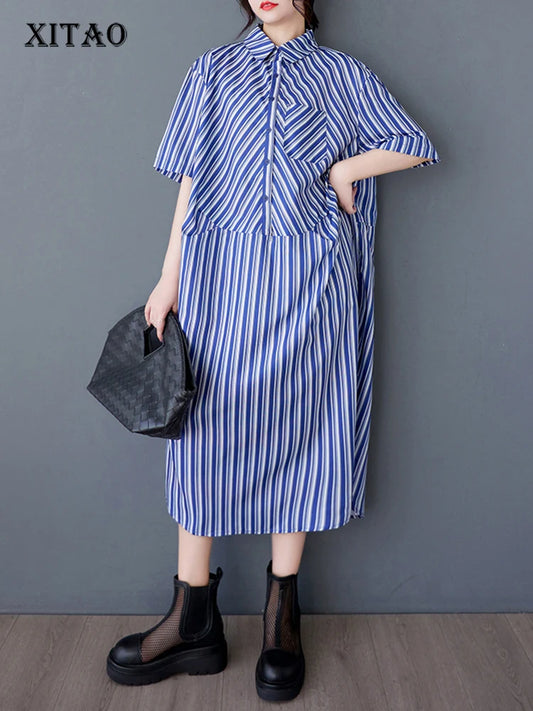 XITAO Patchwork Print Stripe Pullover Dress Turn-down Collar A-line Casual Half Sleeve Leisure New Summer Female Dress GYX1572