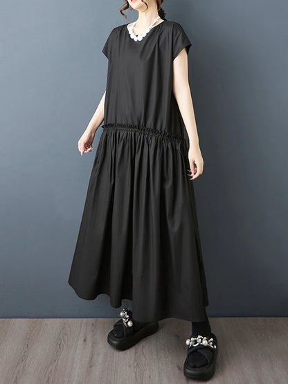XITAO Pleated Drawstring Loose Dress Edible Tree Fungus Solid Color O-neck Casual Slimming All-match Summer Woman Dress ZMY1310