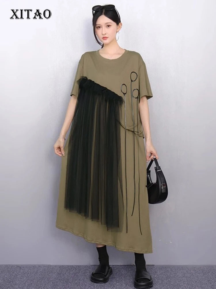 XITAO Irregular Solid Color Loose Dress O-neck Short Sleeve Gauze Patchwork Short Sleeve Elegant Summer Woman Dress ZMY1376