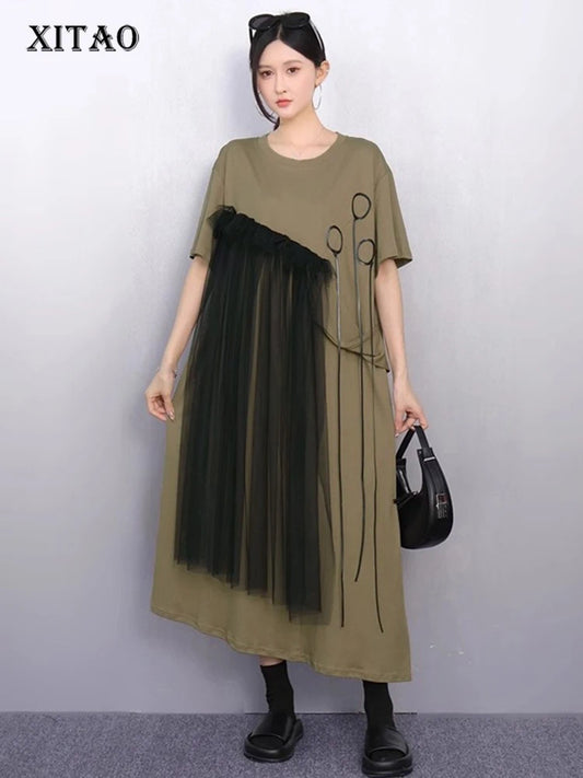 XITAO Irregular Solid Color Loose Dress O-neck Short Sleeve Gauze Patchwork Short Sleeve Elegant Summer Woman Dress ZMY1376