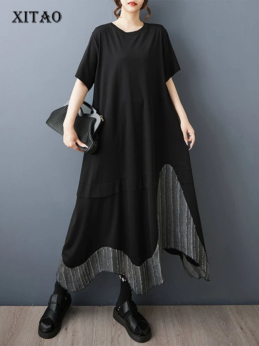 XITAO Patchwork Asymmetrical Black Dress Loose Casual Slimming Temperament O-neck Simple Short Sleeve Summer Woman Dress ZMY1385