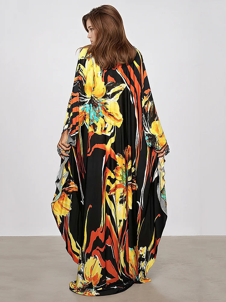 XITAO V-neck Print Loose Dress Bat Wing Sleeve Pullover Casual Full Sleeve Temperament Flower Trend Summer Woman Dress GJ1194