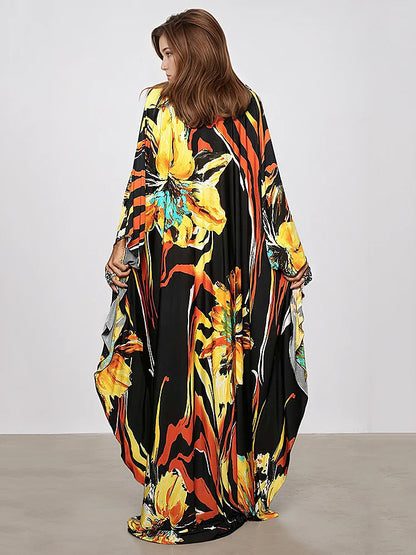 XITAO V-neck Print Loose Dress Bat Wing Sleeve Pullover Casual Full Sleeve Temperament Flower Trend Summer Woman Dress GJ1194