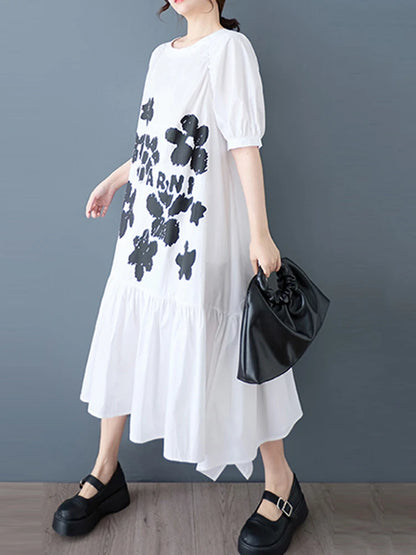 XITAO Asymmetrical Patchwork Print Folds Dress O-neck Pullover Short Sleeve Loose A-line Slimming Casual All Match GYX1623