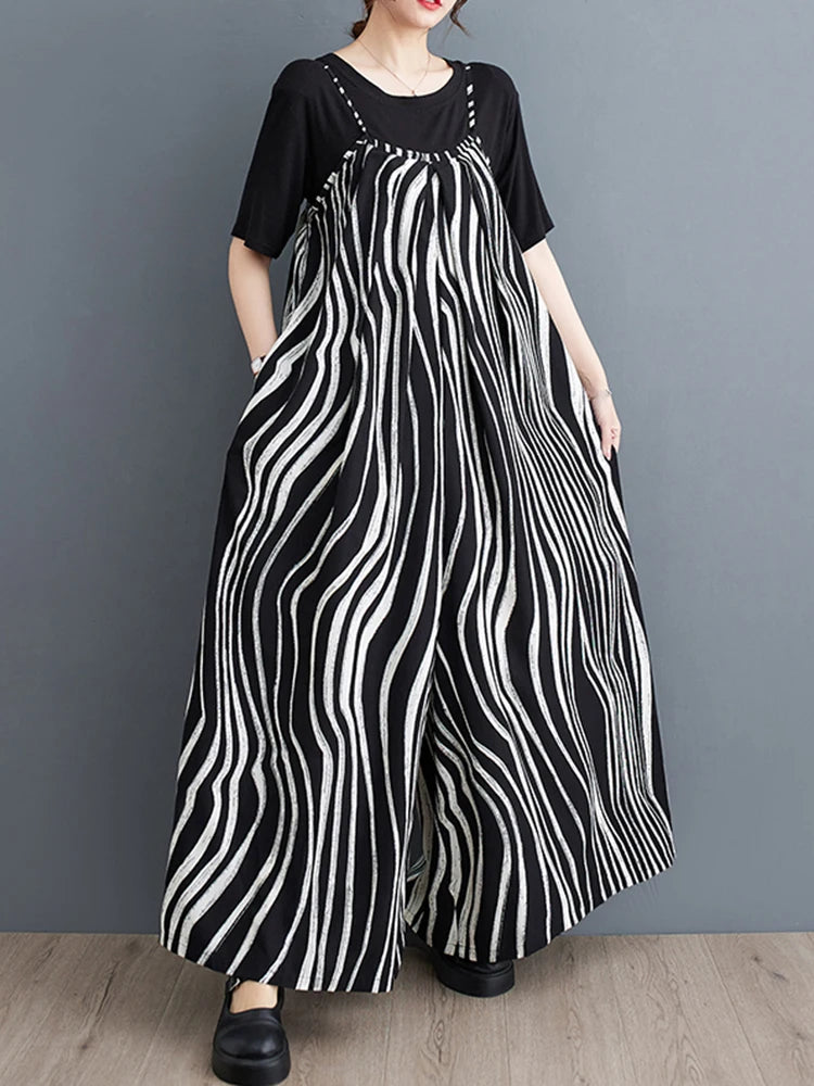 XITAO Striped Print Loose Jumpsuits Pocket Spaghetti Strap Casual New All-match Temperament Woman Summer Jumpsuits ZMY1272