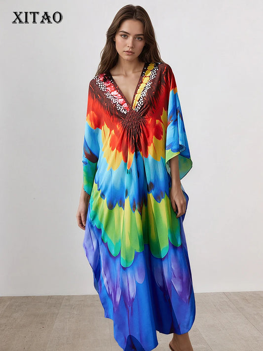 XITAO V-neck Patchwork Printing Dress Summer Thin Female Bat Sleeve Pullover Casual Polyester Women Personality Dress GJ1212