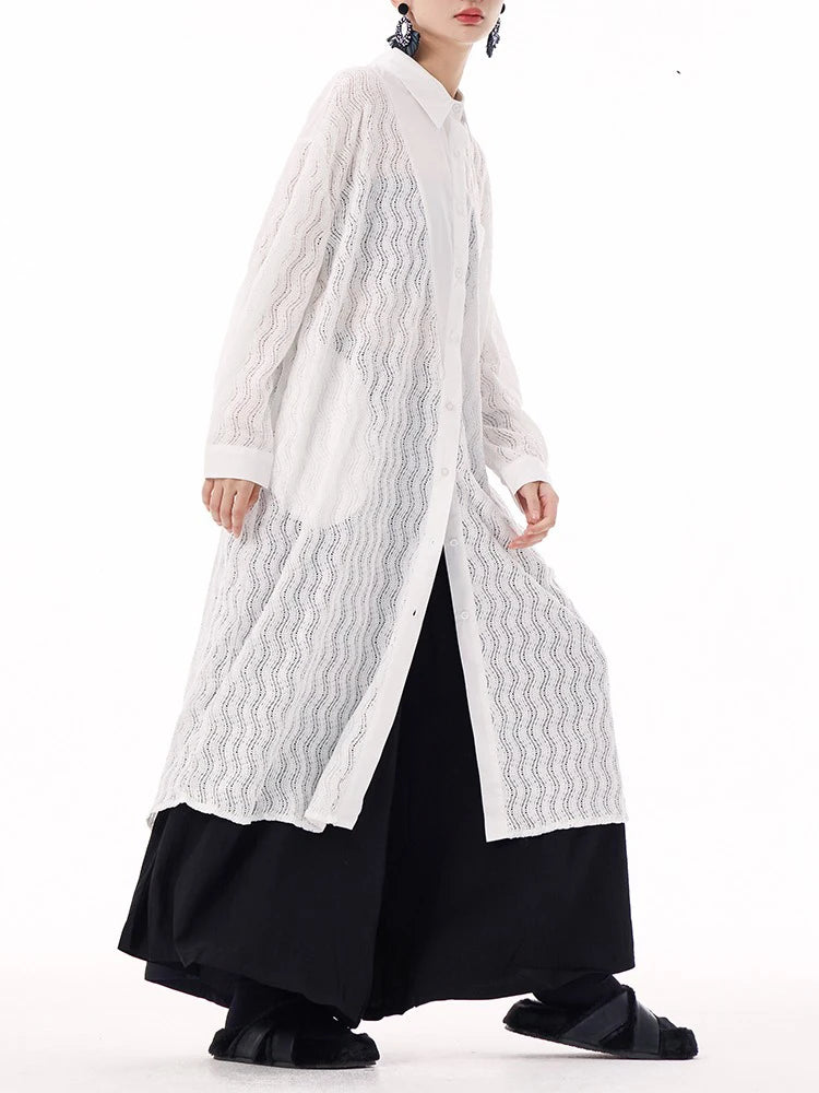 XITAO Patchwork Mesh Lace Single Breasted Dress Solid Color Turn-down Collar Full Sleeve Hong Kong Spring Women Dress GYX1508
