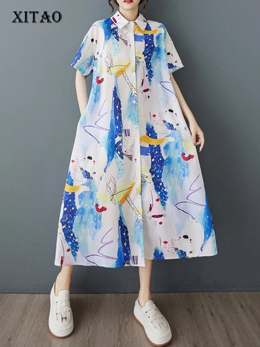 XITAO Print Single Breasted Turn-down Collar Dress Casual Loose Fitting A-line Short Sleeve Slimming Summer Women Dress ZMY1135