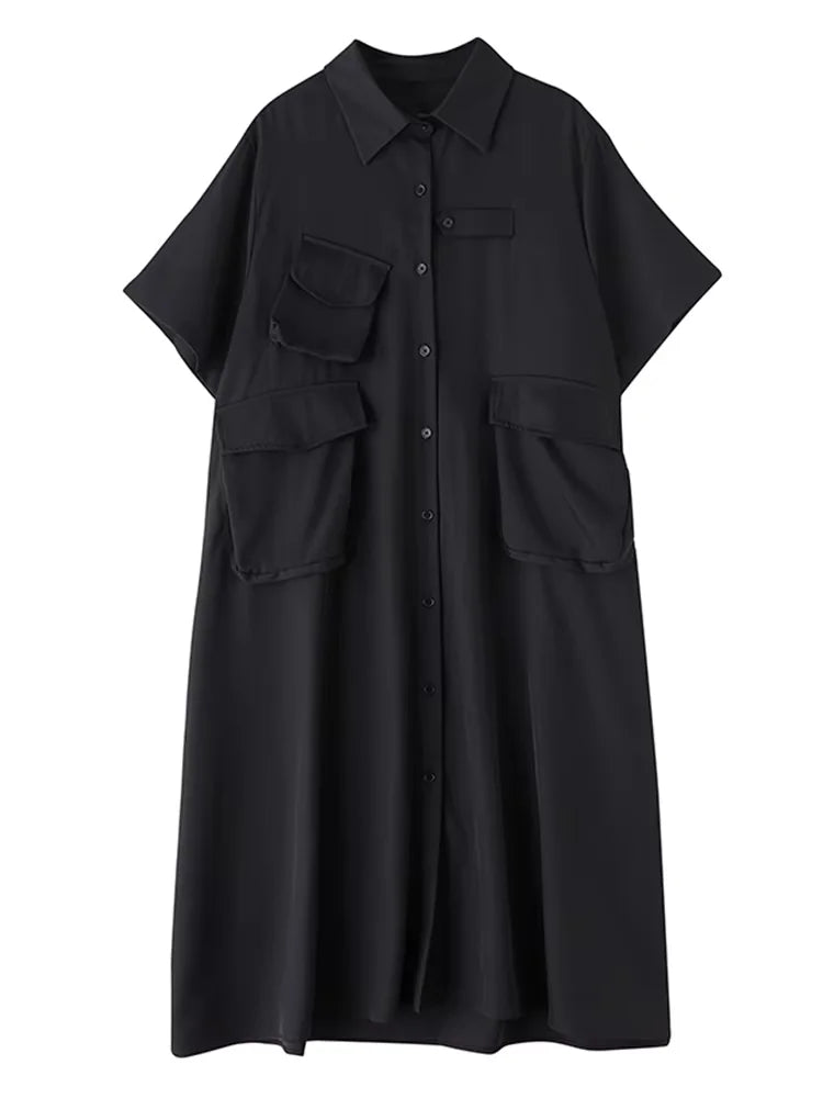 XITAO Loose Pocket Dress Fashion Temperament Simple Patchwork Women Casual Solid Color Single Breasted Shirt Dress ZMY1164