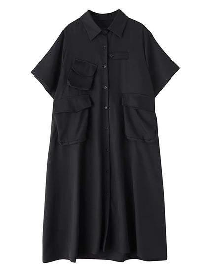 XITAO Loose Pocket Dress Fashion Temperament Simple Patchwork Women Casual Solid Color Single Breasted Shirt Dress ZMY1164
