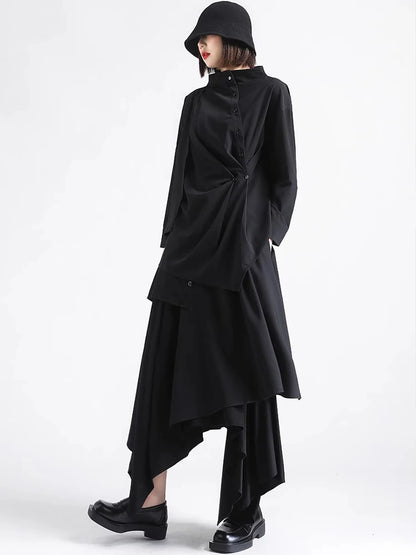 XITAO Single Breasted Half High Collar Shirt Asymmetrical Patchwork Solid Color Long Sleeve Folds Pullover Loose Tops HQQ2500