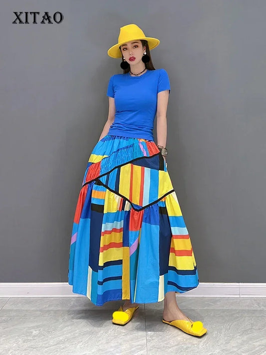 XITAO Contrast Color Skirt Irregular Folds Splicing A-line Skirt Personality New Fashion Street Trendy All-match Women WMD5493