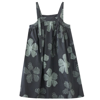 XITAO Print Straps Fold Flower A-line Dress Casual Sleeveless Mid-calf Square Neck Loose Simple Summer Women Dress GMM1327
