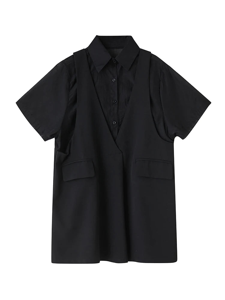 XITAO Pocket Patchwork Solid Color Shirt Dress Collar Short Sleeve Loose Slimming Summer Woman Fake Two Pieces Dress ZMY1298
