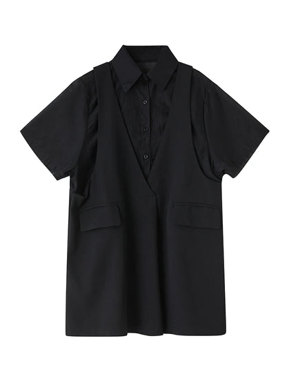 XITAO Pocket Patchwork Solid Color Shirt Dress Collar Short Sleeve Loose Slimming Summer Woman Fake Two Pieces Dress ZMY1298