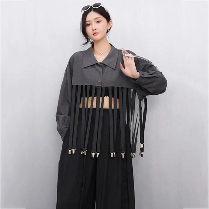 XITAO Patchwork Tassels Lapel Single Breasted Shirt Casual Loose Fitting Full Sleeve New Summer Personality Shirt GYX1619