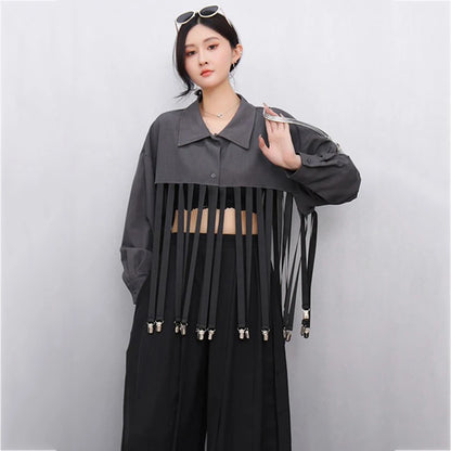 XITAO Patchwork Tassels Lapel Single Breasted Shirt Casual Loose Fitting Full Sleeve New Summer Personality Shirt GYX1619