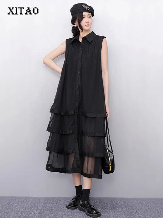 XITAO Mesh Patchwork Sleeveless Shirt Dress Loose Fashion A-line Women Summer Trend Slim Single Breasted Casual Dress GYX1657