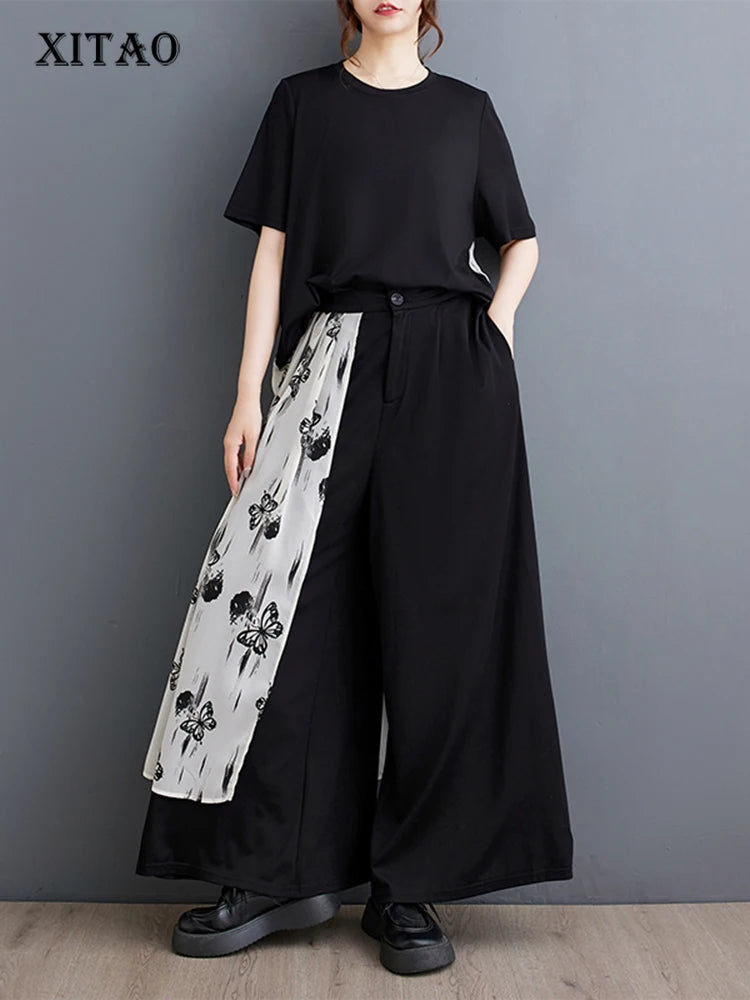 XITAO Print Patchwork Loose Sets Temperament Two-piece Short Sleeve O-neck Wide Leg Pants New Arrival All-match Sets ZMY1268