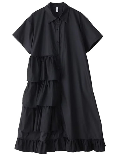 XITAO Patchwork Mesh Turn-down Collar Dress Single Breasted Pleated Short Sleeve Solid Color Fashion Summer Women Dress ZMY1200