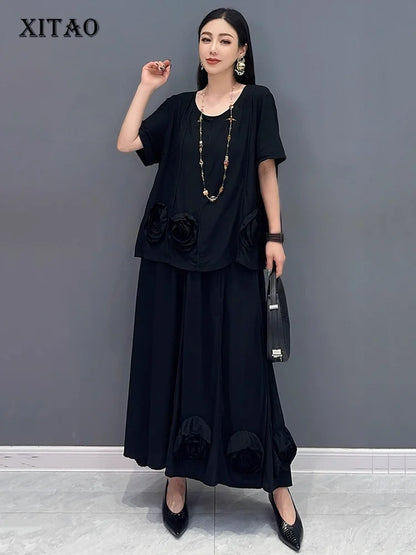 XITAO Casual Three-dimensional Flower Set Personality All-match Top Women Summer Loose Elastic Waist Big Hem Skirt ZMY1140