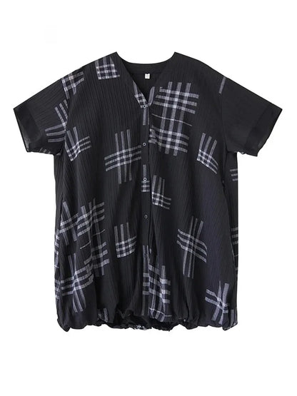 XITAO Striped Print Patchwork Contrast Color Loose Dress V-neck Short Sleeve Loose Vintage Knee-length Shirt Dress ZMY1172