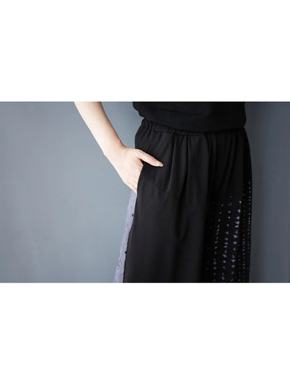 XITAO Print Patchwork Pocket Elastic Waist Pants Contrast Color Loose All Match Casual Slimming Summer Wide Leg Pants HQQ2482