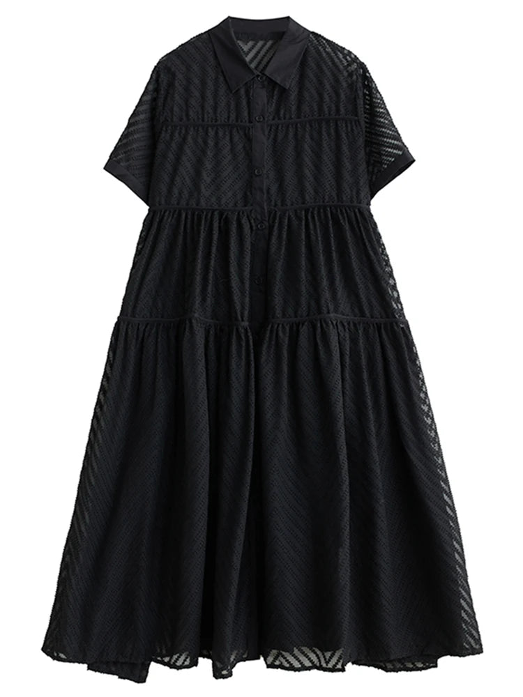 XITAO Hollow Out Single Breasted Two-piece Dress Casual A-line Turn-down Collar Korea New Arrival Fashion Women Dress ZMY1144