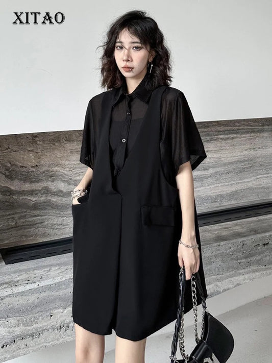 XITAO Patchwork Single Breasted Fake Two Pieces Dress Women Short Sleeve Pullover Solid Color Temperament Casual Dress ZMY1308