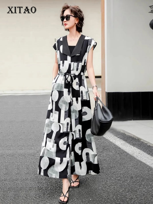 XITAO Letter Print Patchwork Pocket V-neck Bandage Jumpsuits Casual Loose Ankle-length Pants All Match Casual Jumpsuits ZMY1304