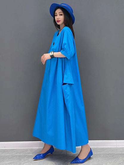 XITAO Casual V-neck Pocket Female Dress Loose Solid Color A-line Slimming Women Simple Temperament Short Sleeve Dress ZMY1079