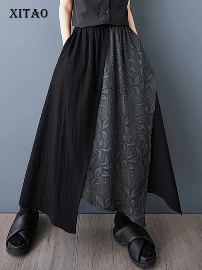 XITAO Loose Asymmetric Women Skirt Trend Contrast Color Patchwork Women Casual Irregular Elastic Waist Simple Skirt HQQ2464