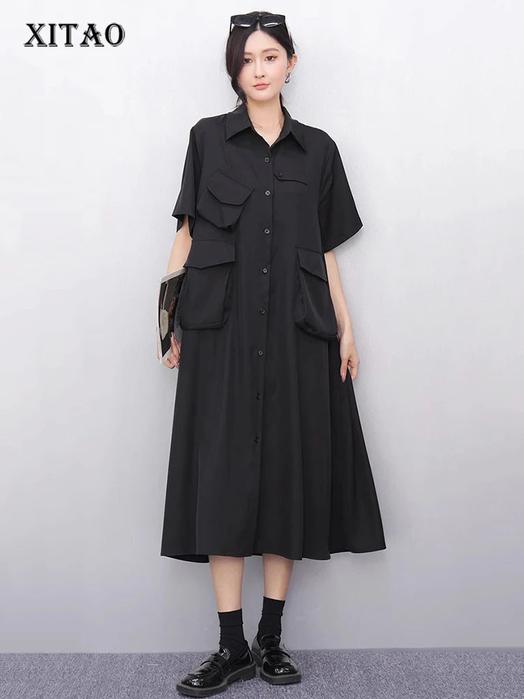 XITAO Loose Pocket Dress Fashion Temperament Simple Patchwork Women Casual Solid Color Single Breasted Shirt Dress ZMY1164